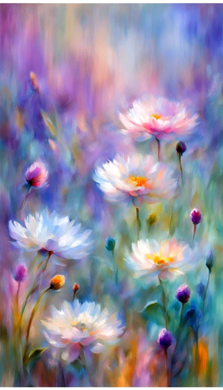 Impressionist Floral Garden Scene with Soft Pastel Hues