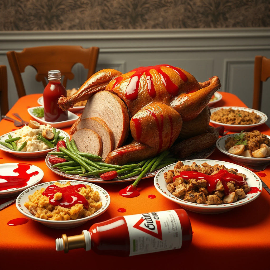 Thanksgiving Feast Drenched in Ketchup: Hyper-realistic Digi...