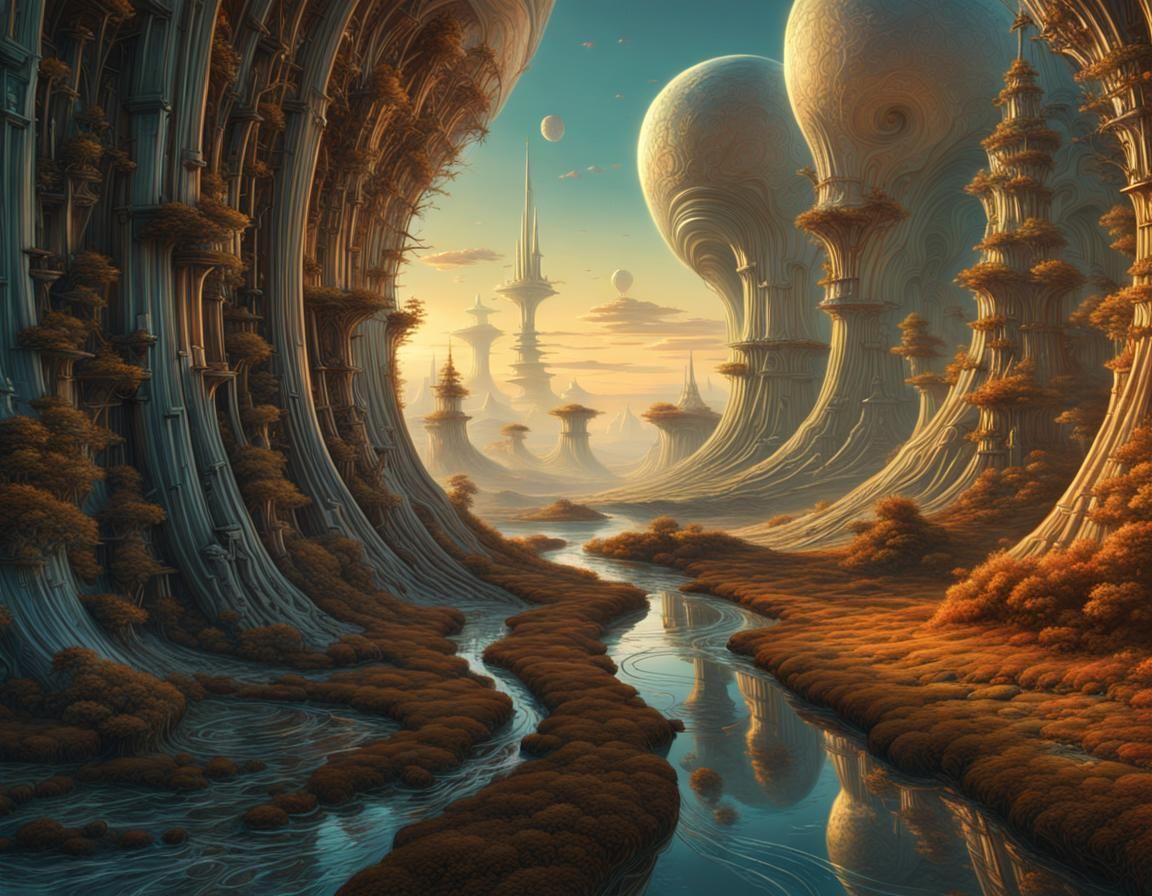 Surreal Alien Landscape with Couple, Digital Illustration