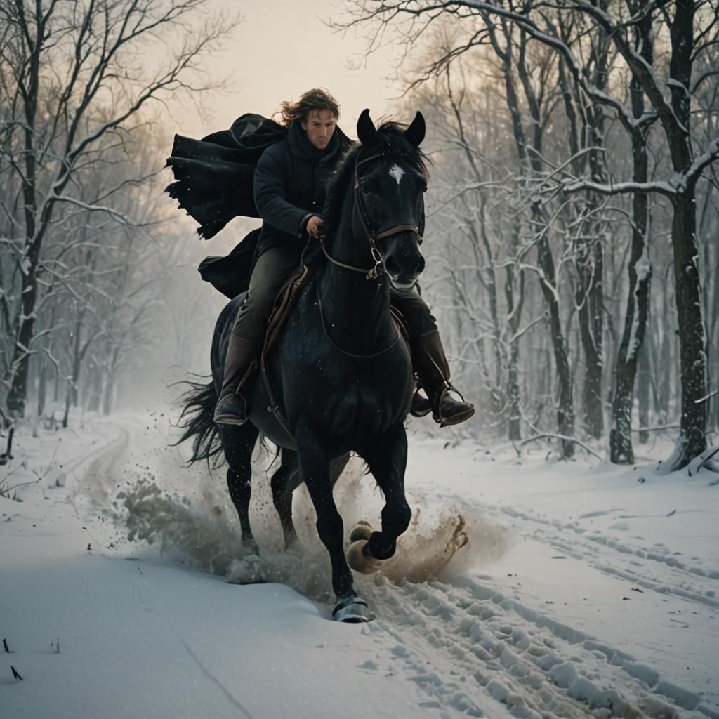Man Rides Black Horse Through Snowy Wilderness in Dramatic W...