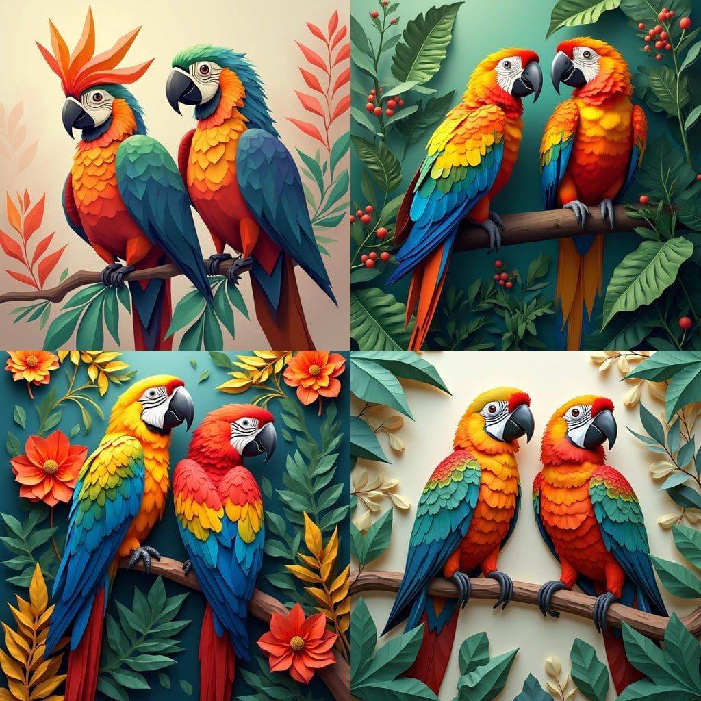 Vibrant Tropical Parrots in Layered Cubist Style