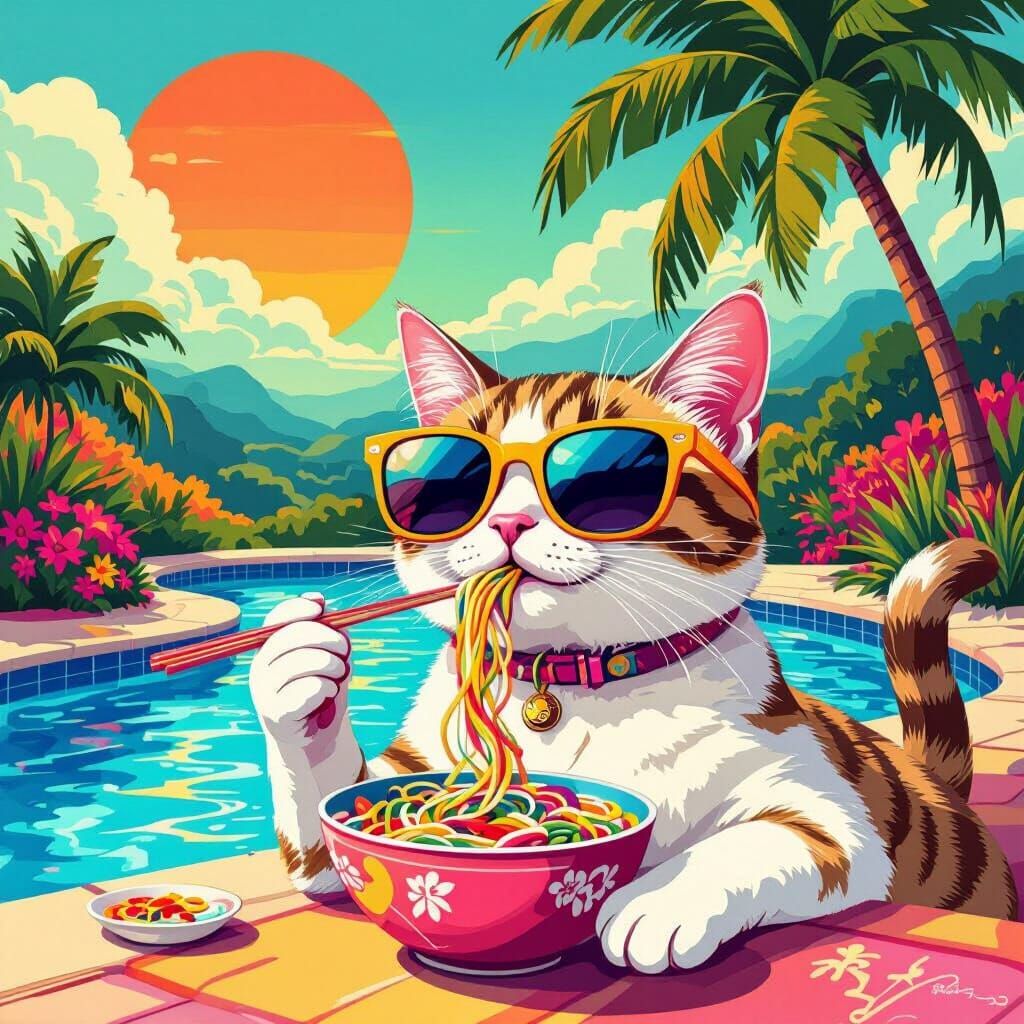 Cool Cat Lounging by Pool with Noodles, Stylized Art