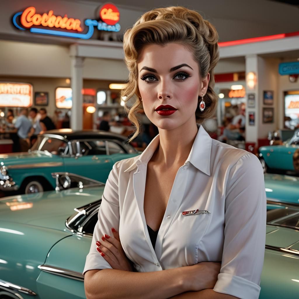 1960s Pin-Up Girl with Hot Rod and Diner