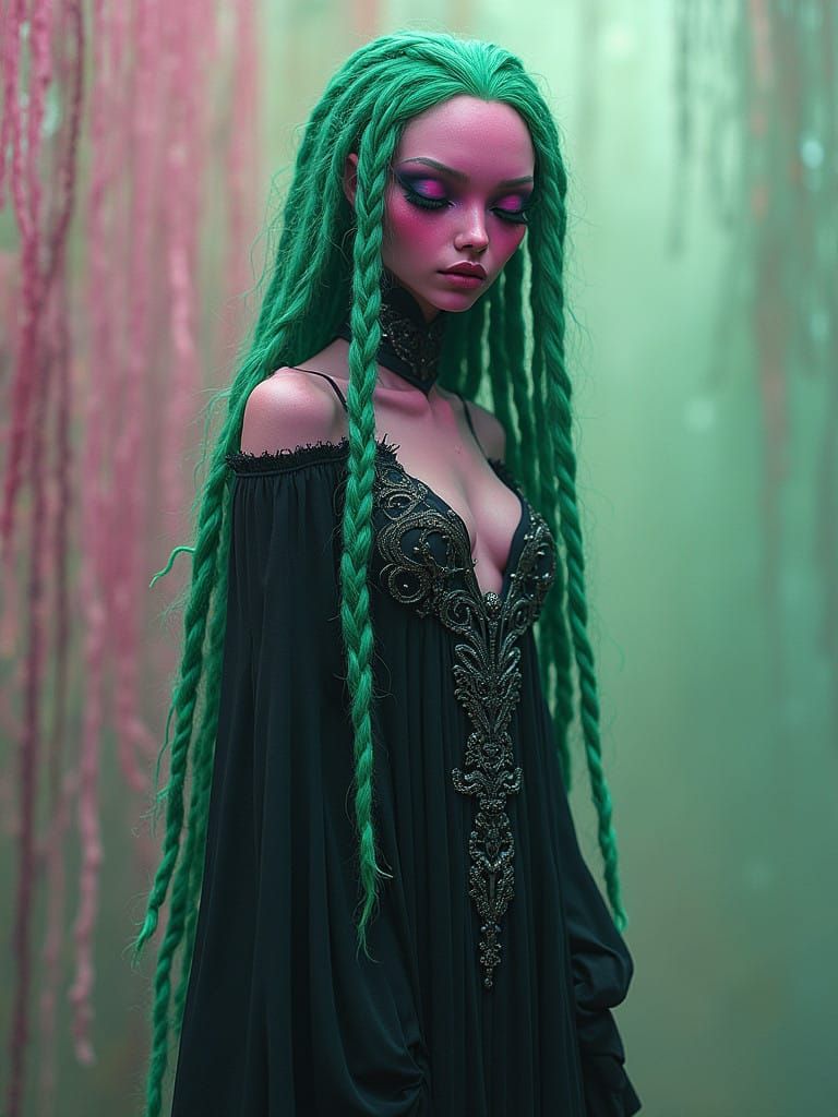 Ethereal Pink Skinned Witch in Mystical Atmosphere
