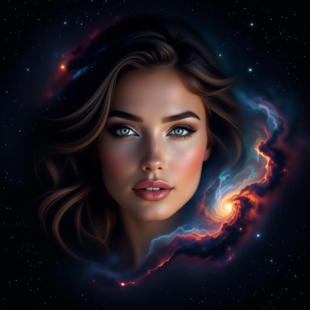Woman Merging with Nebula in Surrealist Style
