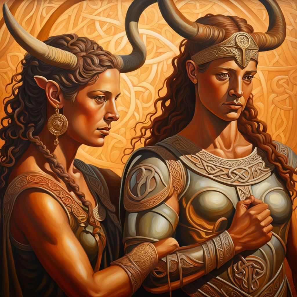 Celtic Knotwork Oil Painting: Minotaur and Justitia