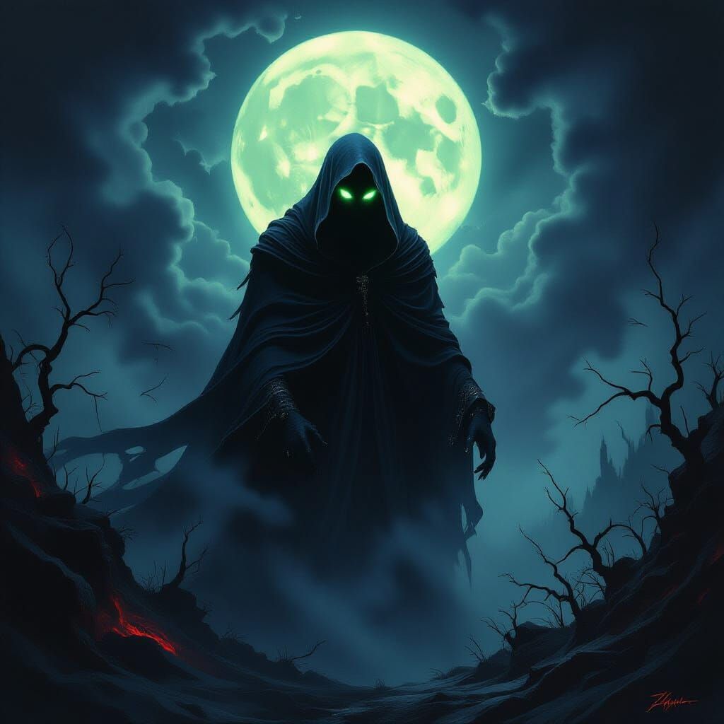 Gothic Macabre Painting of Spectral Figure in Moonlight