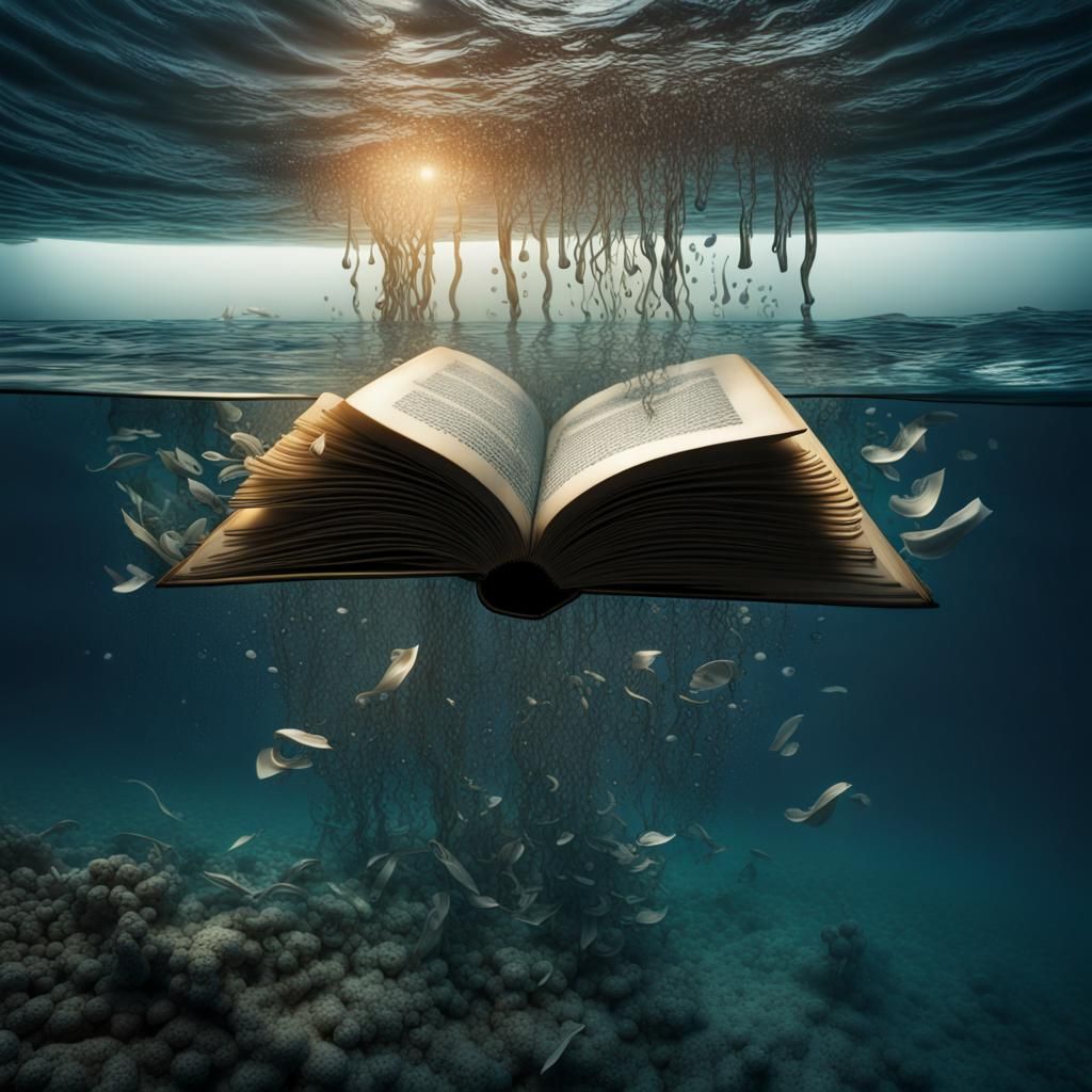 Burning Book Sinking in Ocean Depths
