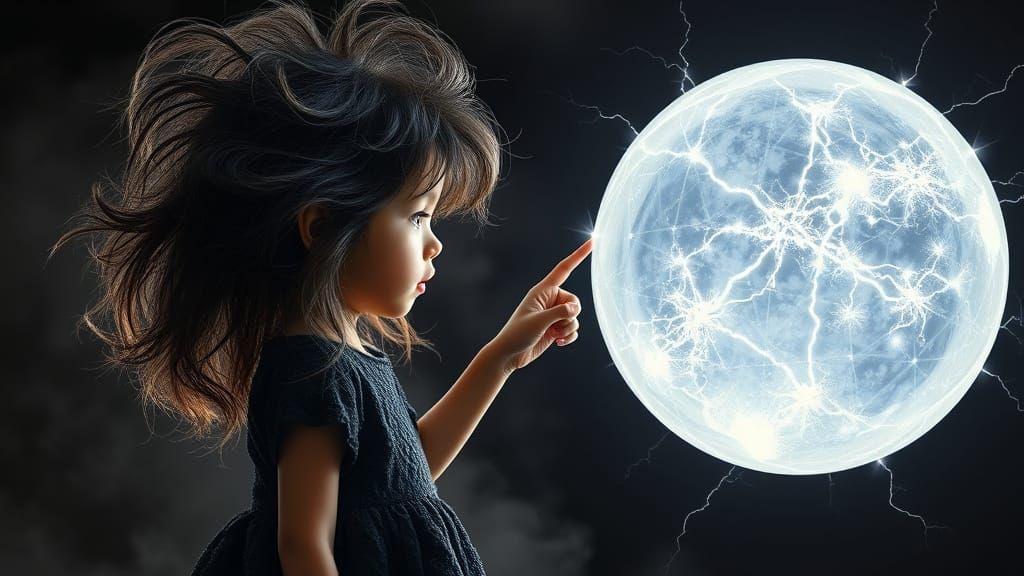 Child with Electrified Hair Touches Crystal Orb