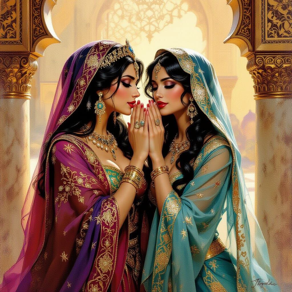Arabian Princess and Genie in Fantasy Oil Painting Style