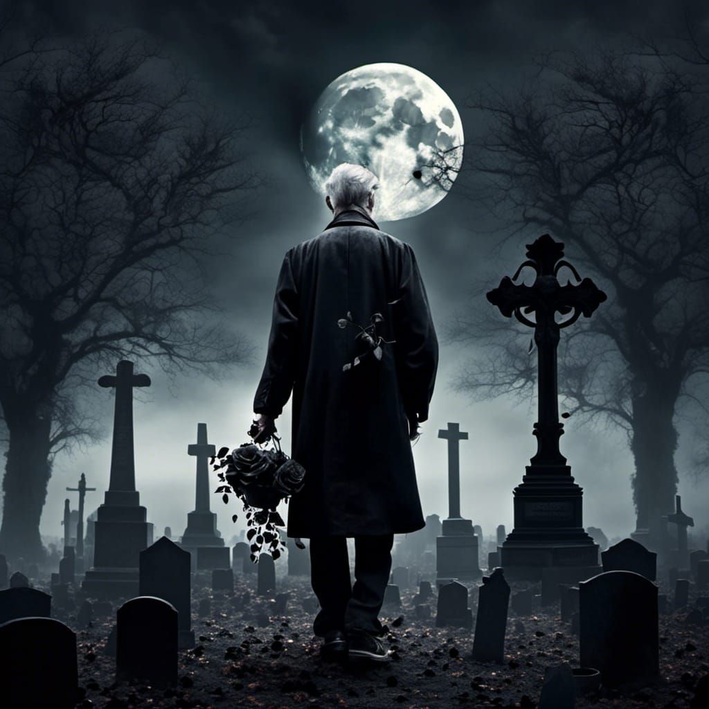 Gothic Graveyard: Old Man with Roses in Moonlight