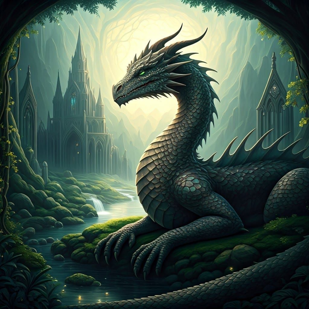 Enchanted Dragon in Dreamlike Landscape