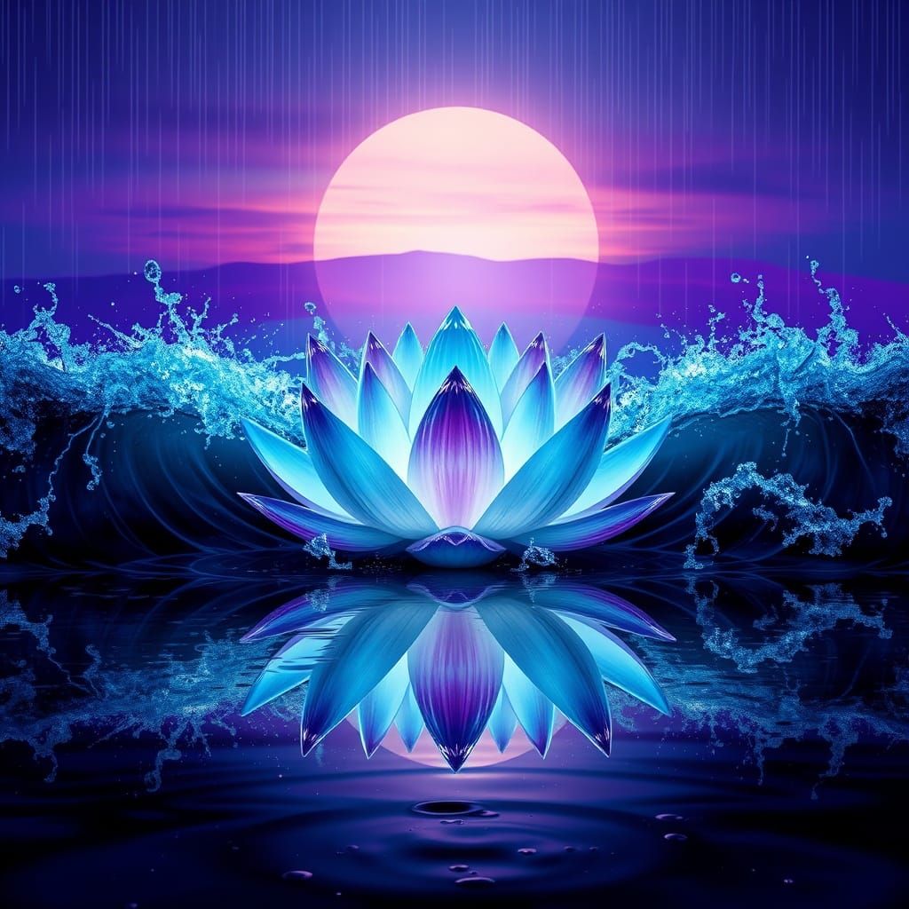 Dark Lotus Flower Blooms Amidst Turbulent Waves in a Doom Me...