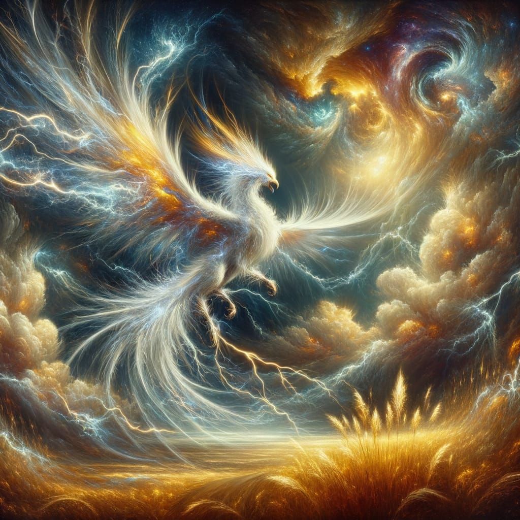 Ethereal Phoenix Soaring Through Stormy Sky