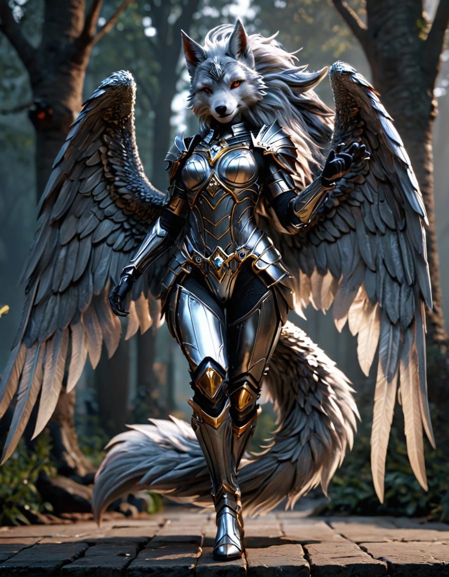 Angel Wolf Maiden in Shimmering Silver Armor