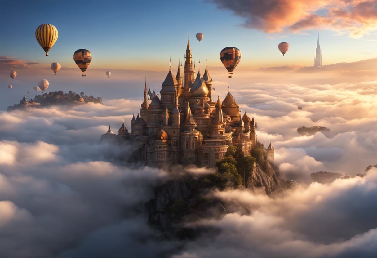 Floating City Above Clouds with Hot Air Balloons