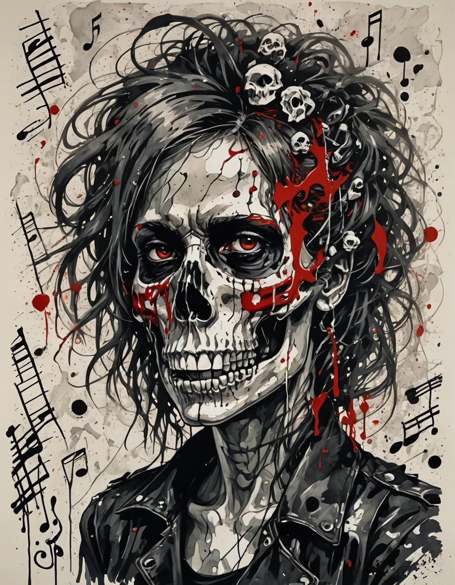Skull-Faced Punk Rockstar in Surreal Ink Painting