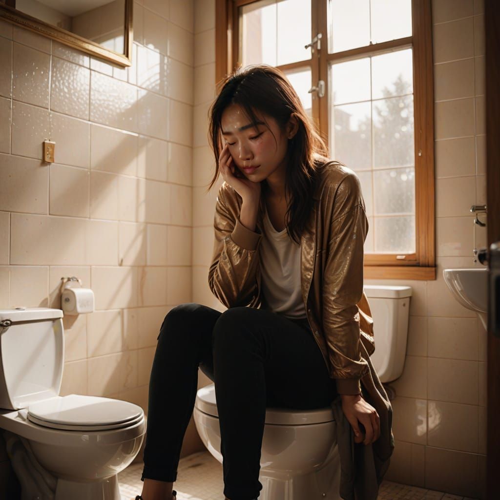 A Young Woman Wipes Sweat in a Warmly Lit Bathroom