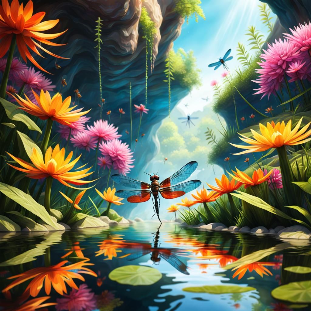 Ant's-Eye View of Multicolored Dragonfly