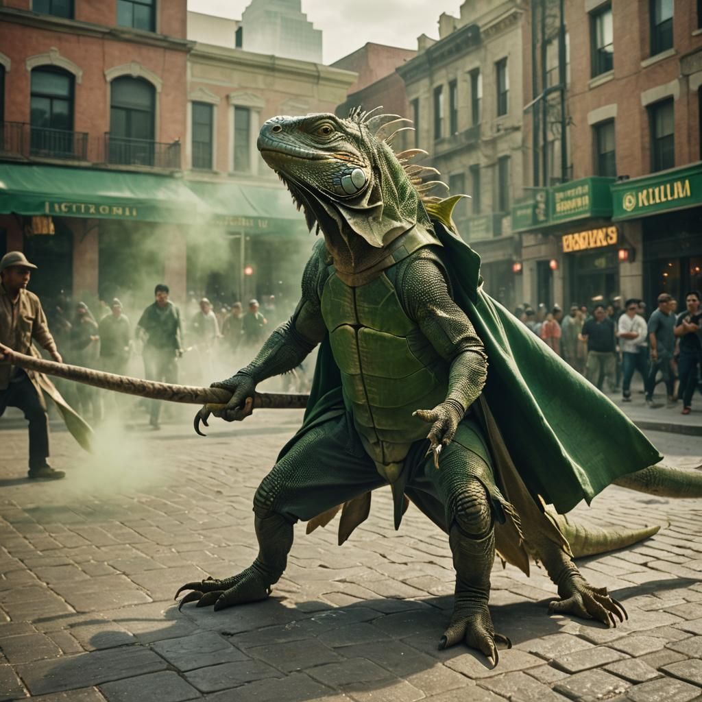 Giant Iguana Swings Tail in City Square: Cinematic Film