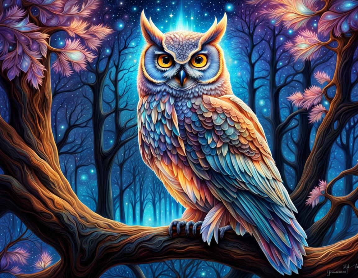 Iridescent Crystal Owl in Ornate Geometric Design