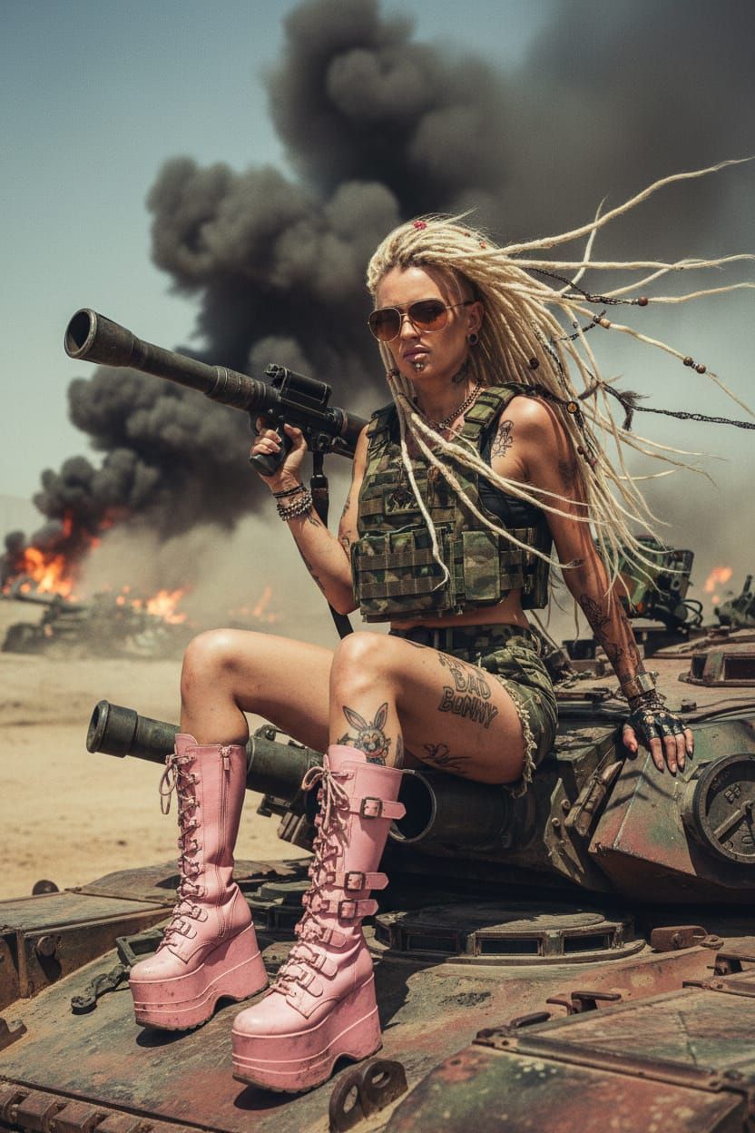 Post-Apocalyptic Queen: Blonde Tattooed Warrior in Desert Wa...