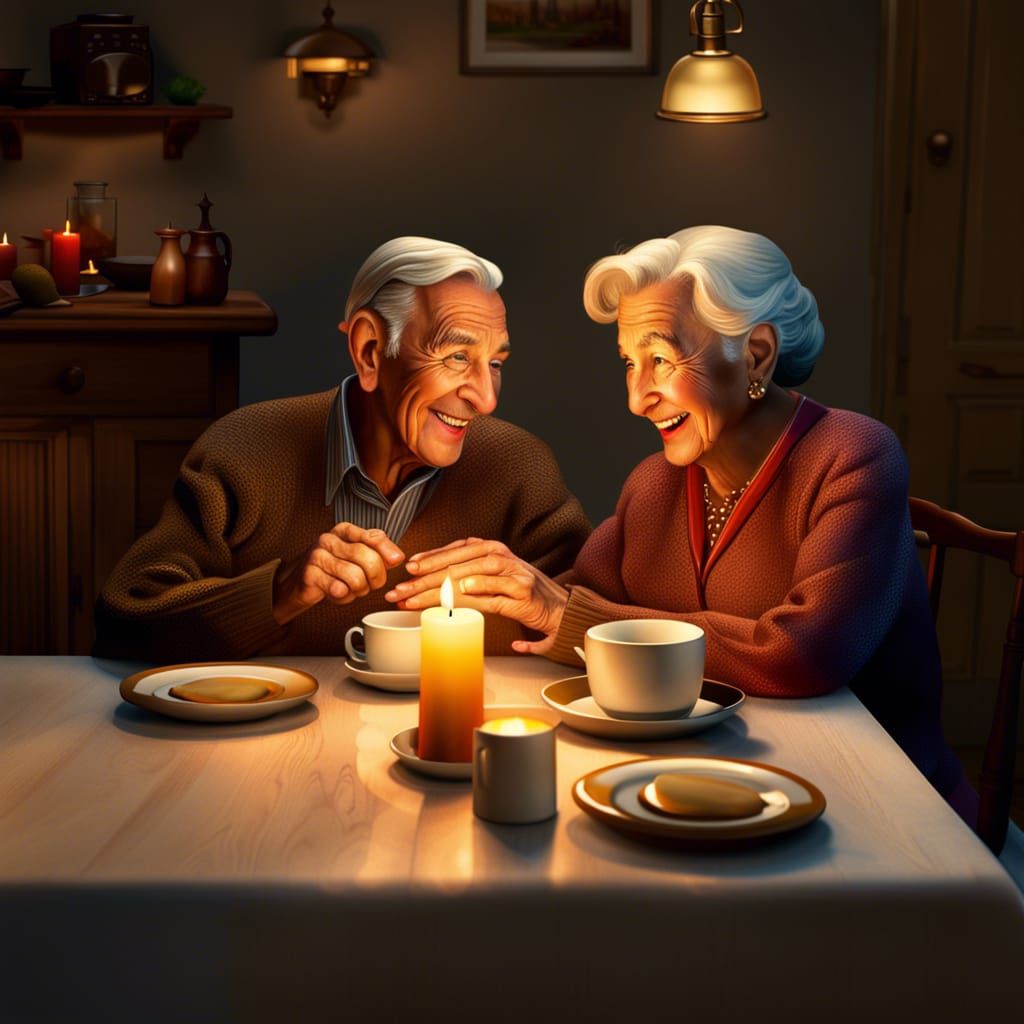 Happy Elderly Couple's Candlelit Dinner