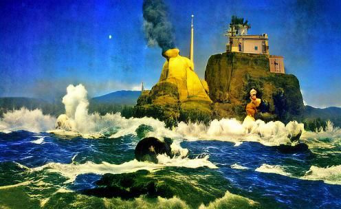 Lighthouse Waves Crashing in Maxfield Parrish Style