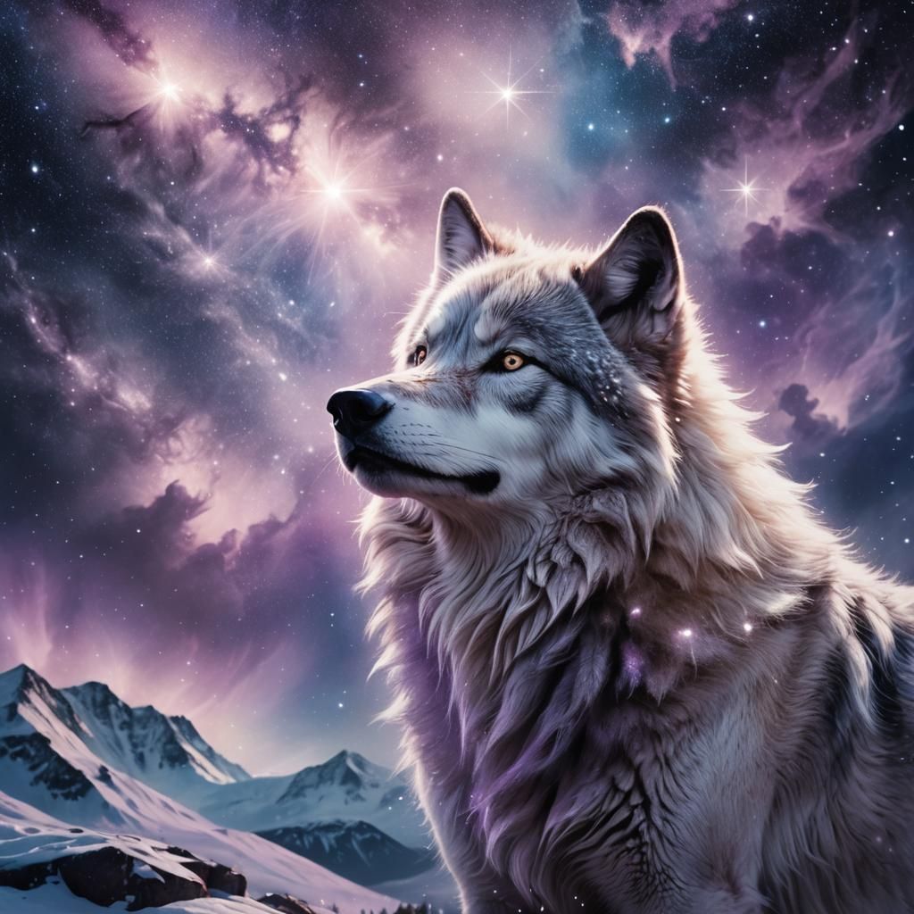 Luminous Wolf in Cosmic Landscape: Fantasy Wildlife Art