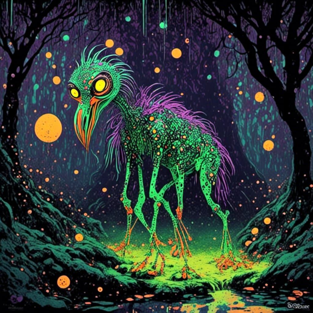 Green Troll with Purple Spots Under a Bridge