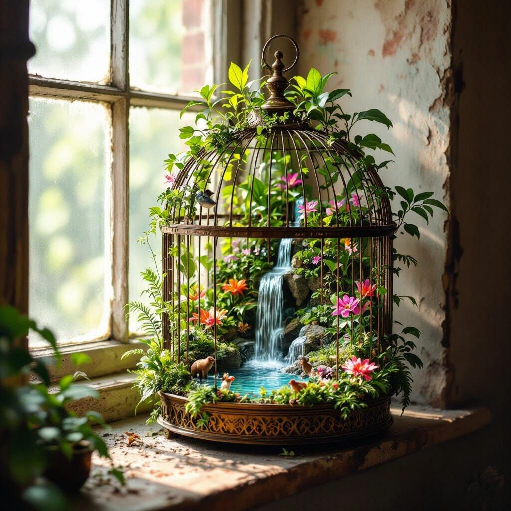 Miniature Jungle in Birdcage, Painterly Style