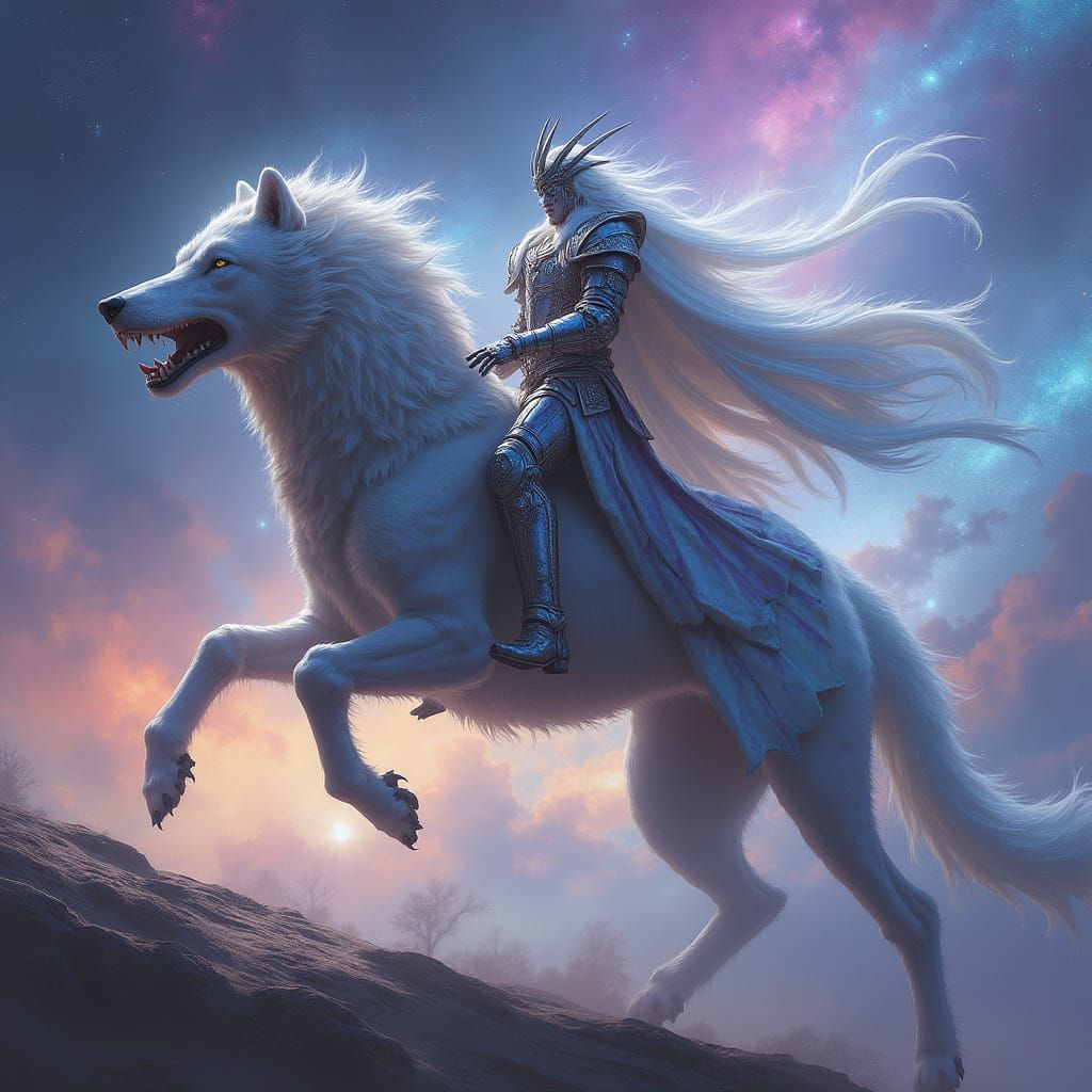 Elven King Gil-galad Rides Cosmic Wolf Through Nebula
