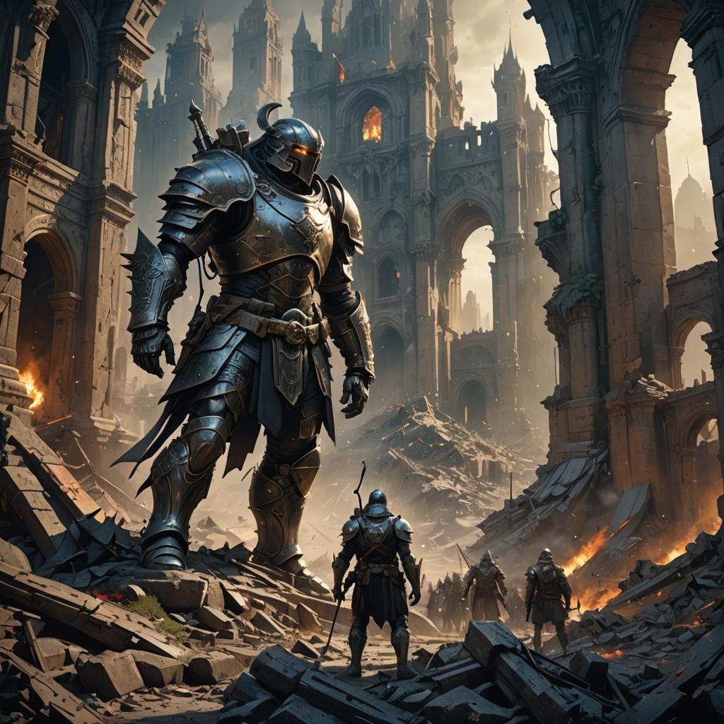 Warrior Against Army in Ruined City, Dark Fantasy Art