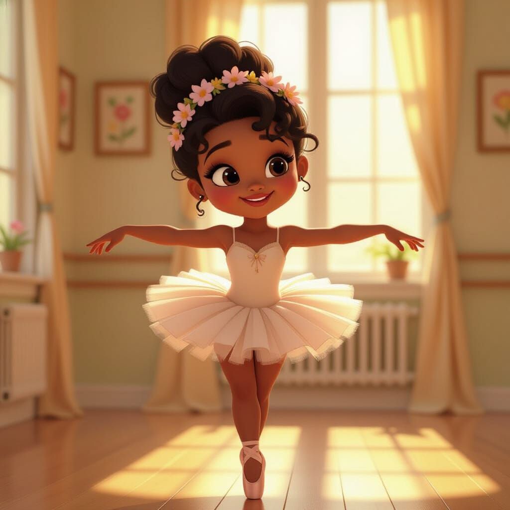 Black Ballerina Practices Pliés in Animation Cel Style