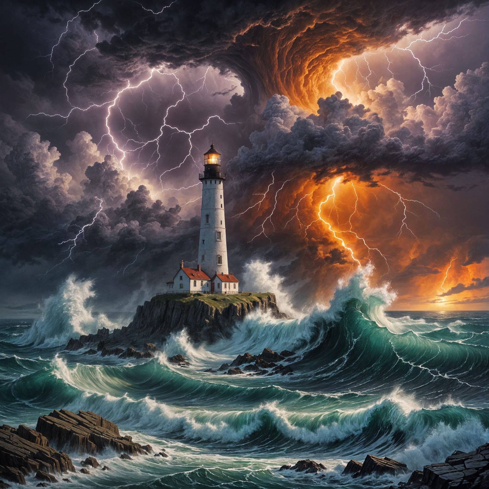 Weathered Lighthouse Endures Ferocious Stormy Seascape