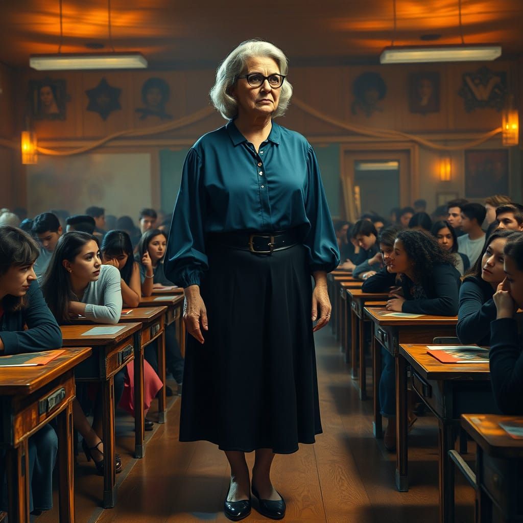 Confident Woman Stands Amidst Mystical Classroom