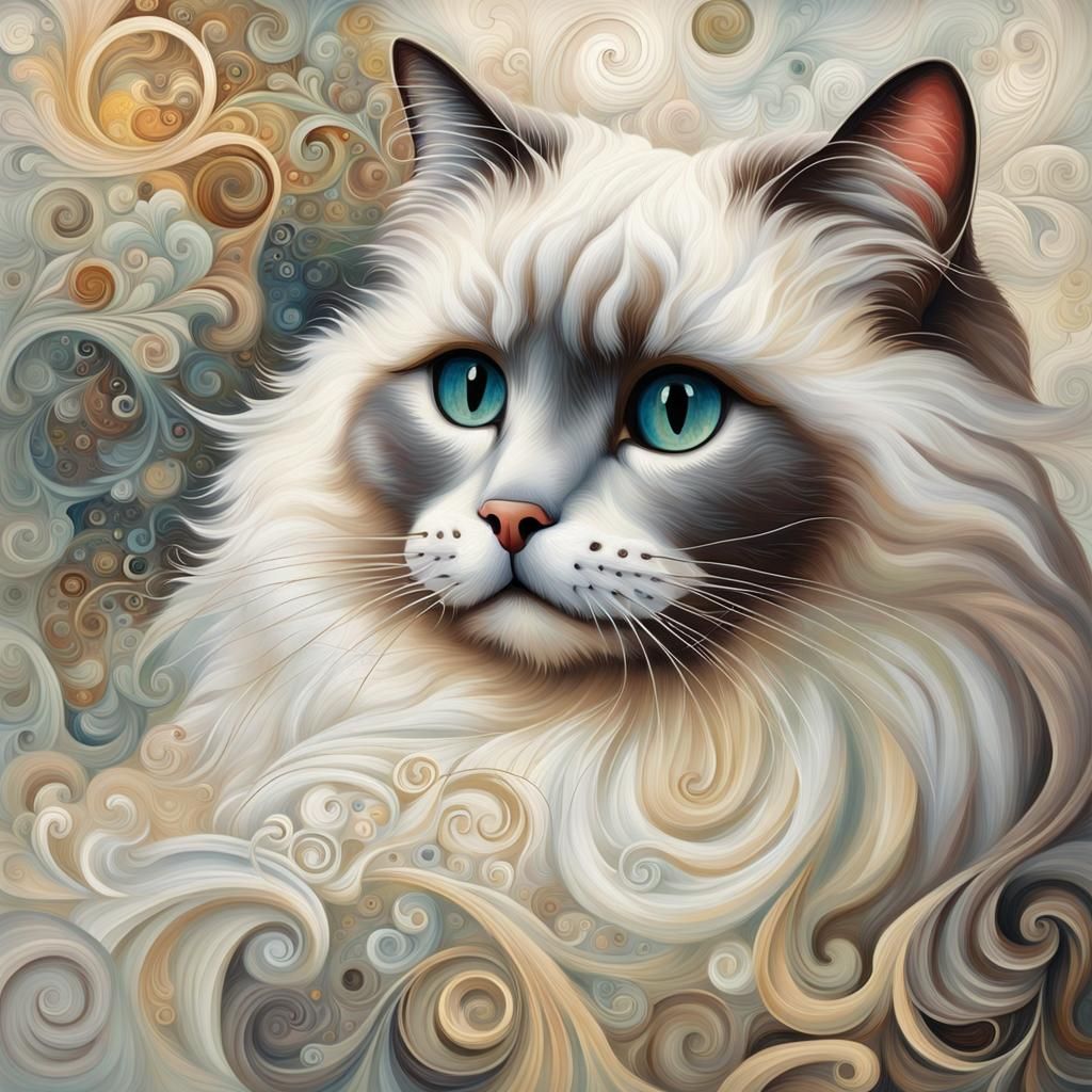 Ragdoll Cat Portrait in Oil, Abstract Textures