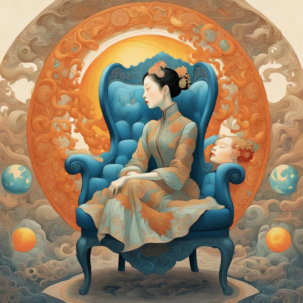 Woman in Ornate Sun and Moon Chair