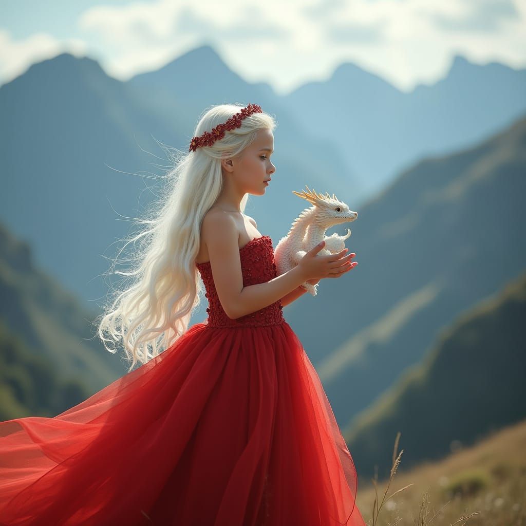 Girl with Dragon in Mountain Landscape Portrait