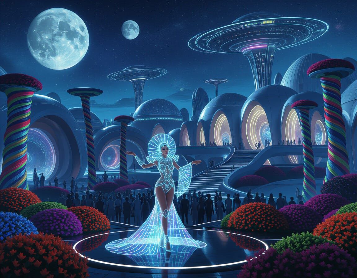 Futuristic Showgirl in Alien City with Synthwave Elements