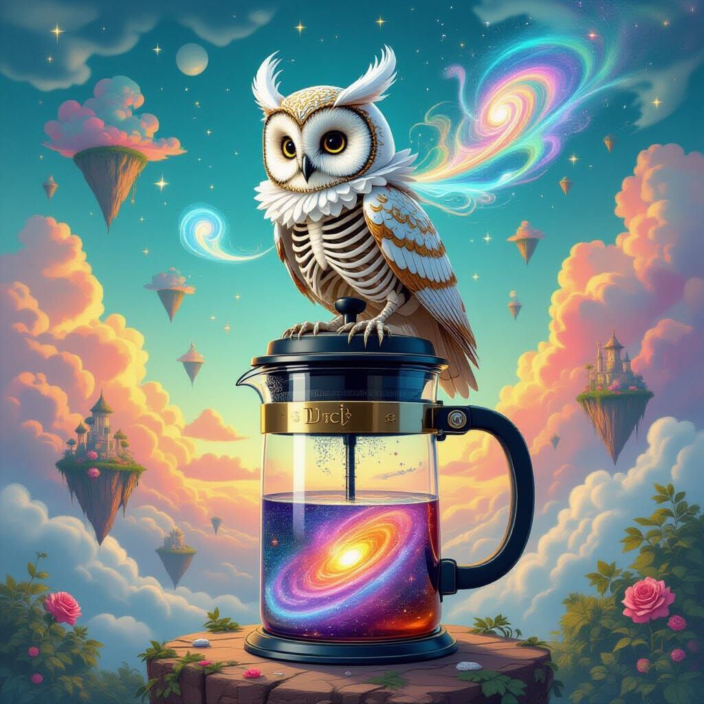 Skeleton in Owl Costume Brews Galaxy on French Press
