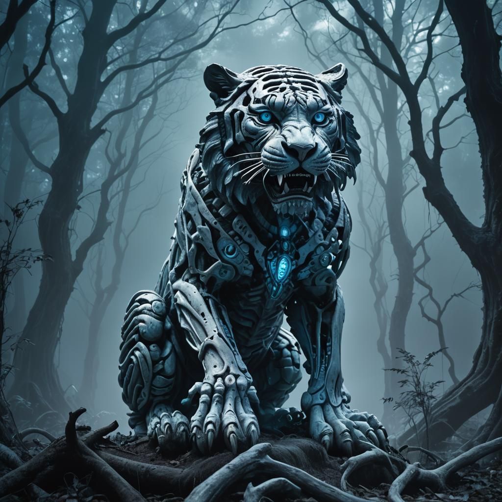 Bone Tiger Statue in Misty Forest, Surreal Art