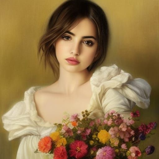 Beautiful Woman with Flowers in Oil Painting