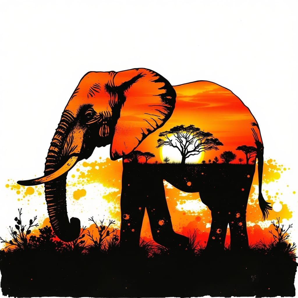 Savanna Sunset Elephant Silhouette in Ink Splatter Art