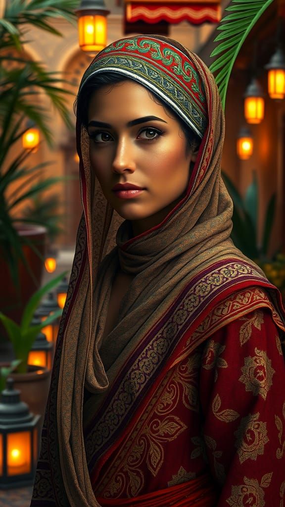 Bedouin Woman in Marrakesh Riad: Hyperrealistic Splash Art