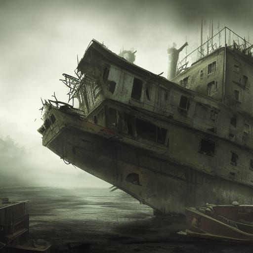 Post-Apocalyptic Derelict Ship in Gloomy Harbour