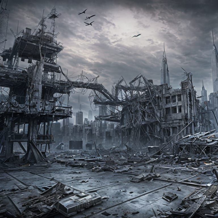 Haunting Derelict Ship in Post-Apocalyptic Cityscape