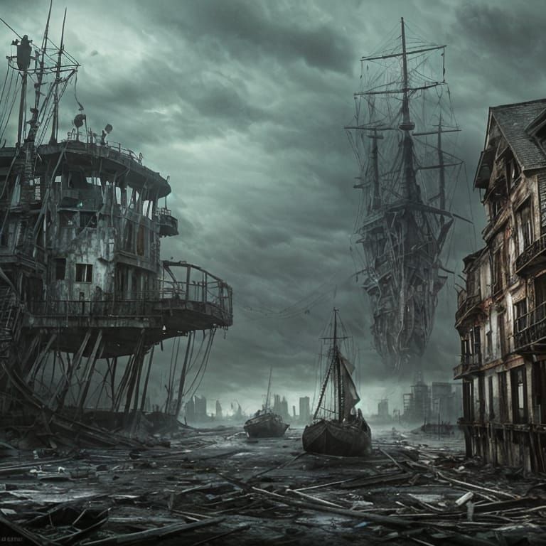 Post-Apocalyptic Derelict Ship in Abandoned City