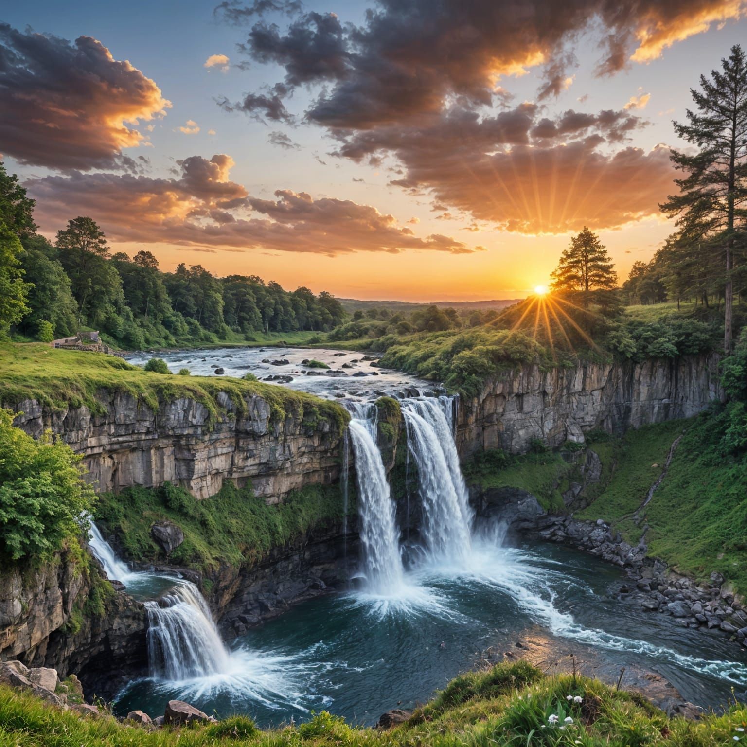 Scenic Waterfall at Sunset: A Captivating Landscape