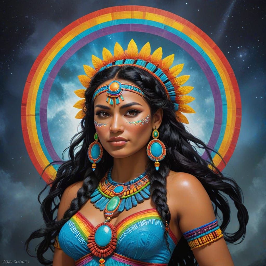 Mayan Goddess of Fertility and the Moon in Vibrant Rainbow H...